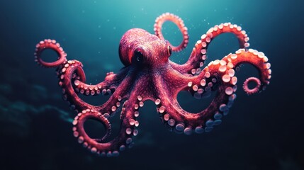 Obraz premium Vibrant red octopus in blue ocean depths