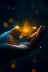 Hand holding a golden star, with a yellow glowing light effect on a dark background. This concept represents business success and the provision of high-quality services or products. The image is shar