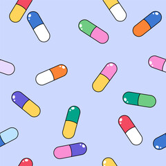 Pills, medicine seamless pattern, background. Simple cartoon drawing