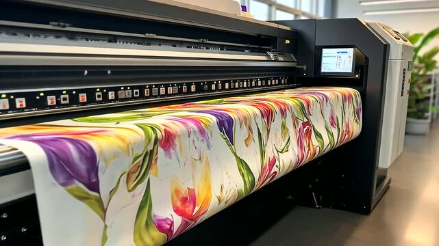 A direct-to-film (DTF) printer in action, applying rich, full-spectrum colors onto a fabric roll, demonstrating advanced textile printing technology.