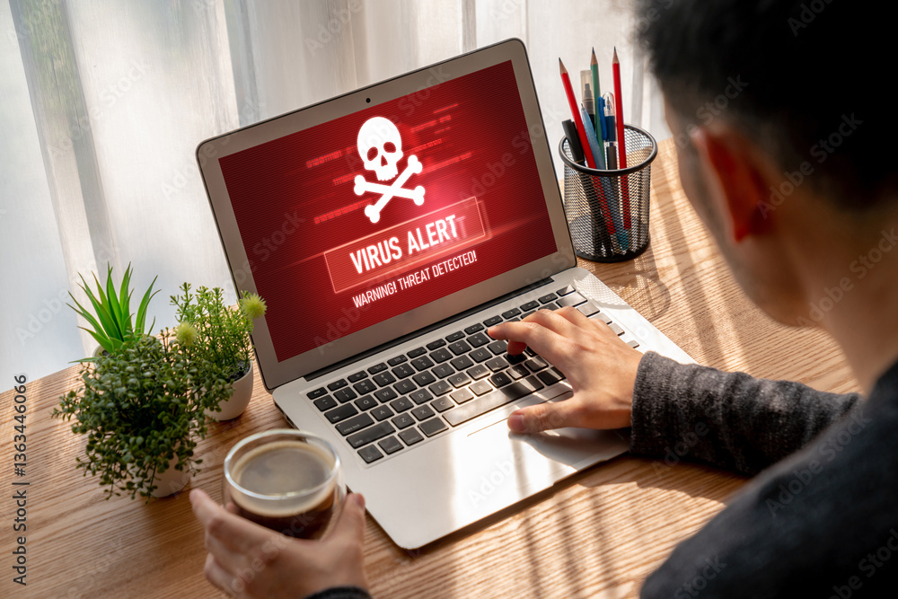 Poster virus warning alert on computer screen detected modish cyber threat , hacker, computer virus and mal