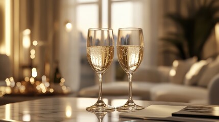 Two glasses of champagne elegant celebration soft lighting warm tones luxurious
