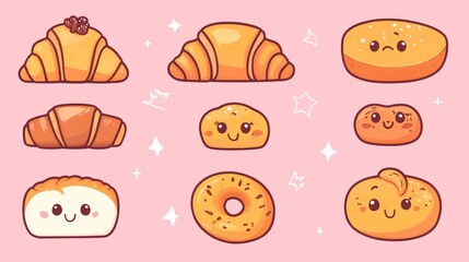 Cute cartoon pastries croissants, bread, bagels; pink background; bakery illustration; food blog