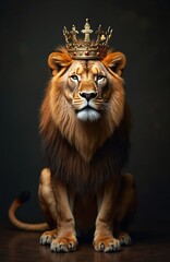 Fototapeta premium Regal lion wearing crown on dark background. Majestic animal king, symbol strength and power. Wildlife portrait, royal theme, noble feline beauty, fierce look.