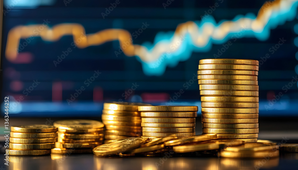 Poster stacks of gold coins in front of computer screen displaying dynamic graphs. concept of prosperous di