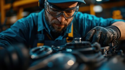 Caucasian male mechanic focused on repairing engine in workshop