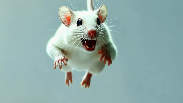 Predatory white rat jumps dynamically, showcasing agility and energy in a lively display