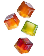 Colorful fruit jelly cubes falling on transparent background