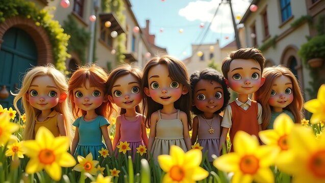 Diverse Animated Children Celebrating in a Flower Field on World Health Day - Joyful Spring Scene