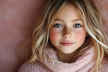portret, dziewczynka, dziecko, modelka dziecięca, fotografia modowa, uśmiech, szczęście, radość, jasna cera, blond włosy, pastelowe kolory, spójna estetyka, delikatne światło, minimalizm, subtelność, 