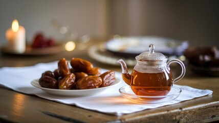 Fototapeta premium A photo of a Turkish tea with date fruits on a table. The tea is served in a small glass with a sugar cube. The date fruits are placed in a bowl. The background is a wooden surface.