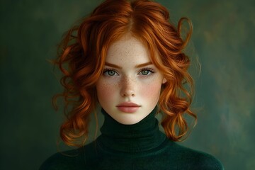 portret, dziewczynka, rude włosy, piegi, intensywne spojrzenie, zielone oczy, pastelowe tło, minimalistyczna estetyka, subtelne oświetlenie, modowa fotografia dziecięca, hiperrealizm, profesjonalna fo