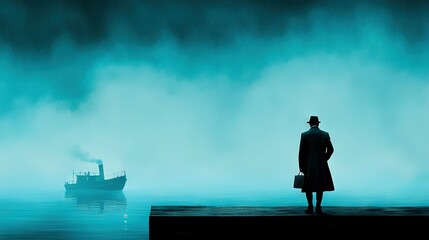 Fototapeta premium A man stands at the pier, gazing upon the boat in the murky water