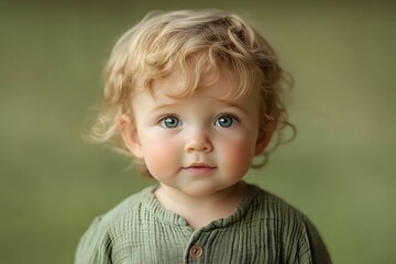 dziecko, chłopiec, roczne dziecko, pełna sylwetka, minimalistyczne tło, pastelowa oliwka, muślinowe ubranko, naturalna tkanina, moda dziecięca, profesjonalna fotografia, delikatność, dziecięca uroda, 