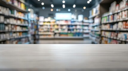 Obraz premium Empty wooden counter in bright retail store aisle with blurred shelves