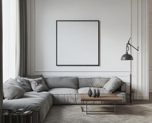 Modern living room with grey sectional sofa, wooden coffee table, and blank canvas.