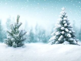 Fototapeta premium Winter landscape featuring two snow covered evergreen trees on white ground