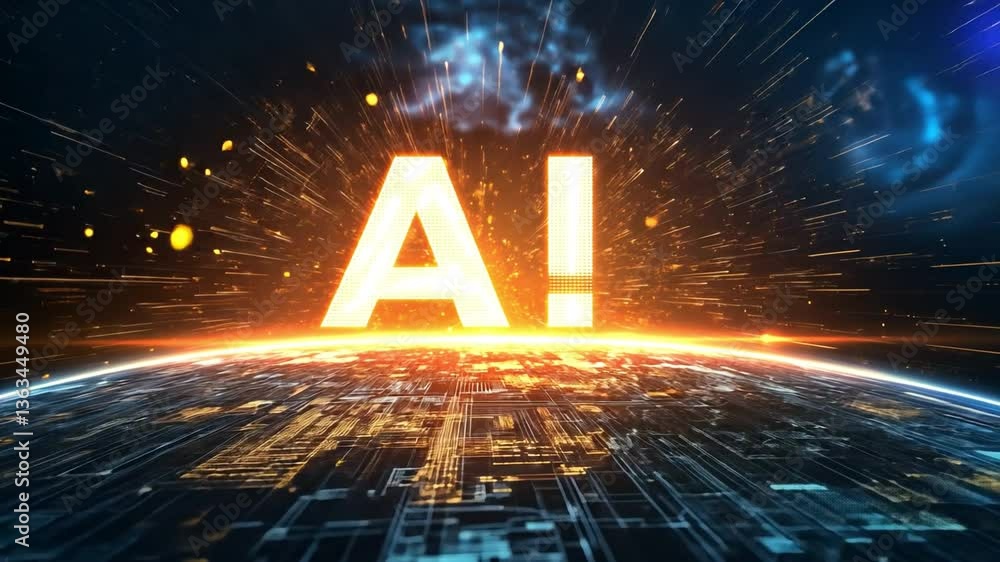 Poster glowing text ai letters hovering over the earth, surrounded by data streams, sci-fi atmosphere