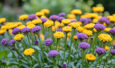 Fototapeta premium Vibrant field of yellow and purple flowers in full bloom.