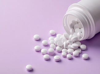 Pills Spilling From Bottle on Light Purple Background for Healthcare
