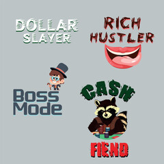 A collection of money-themed t-shirt prints featuring bold phrases like 