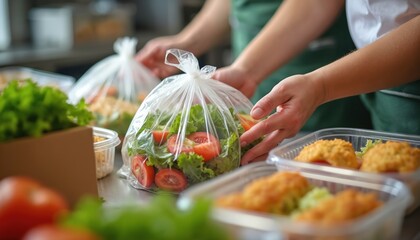 Naklejka premium Hands hold plastic bags with healthy food salad cakes. Eco-friendly containers for delivery or fast packing. Restaurant kitchen catering service prepared portable takeaway meals.