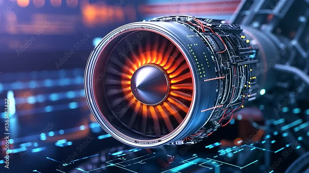 Aufkleber a powerful aircraft jet engine with an advanced ai-driven diagnostic interface, showcasing real-time