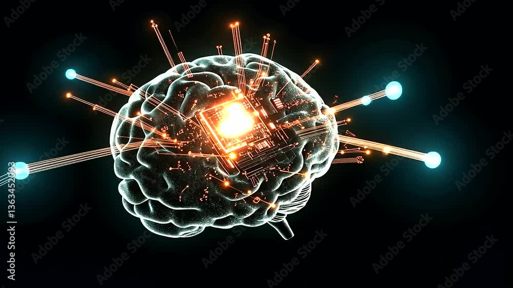 Poster a radiant human brain constructed from swirling data nodes and artificial neural networks, with a ce