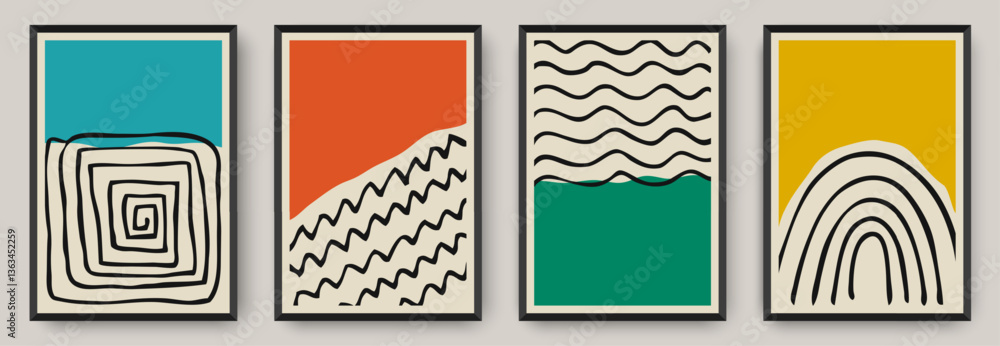 Aufkleber set of four abstract posters with bold color fields and hand drawn elements
