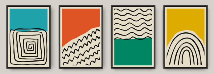 Set of four abstract posters with bold color fields and hand drawn elements
