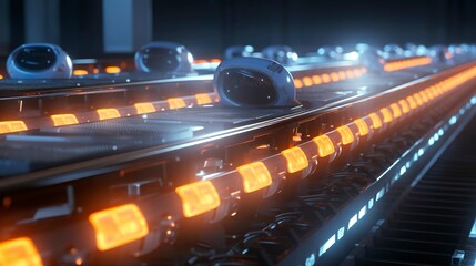 Conveyor belt with glowing robots