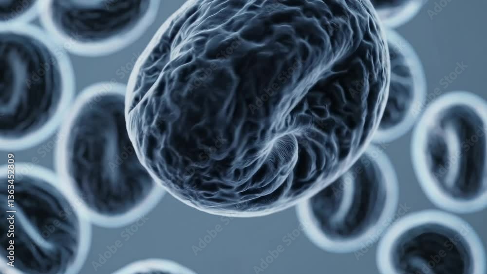 Poster close-up video of abstract, spherical cells with a soft focus, captured from a macro angle, highligh