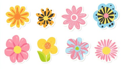 Colorful floral stickers in row on white background for creative, spring, arts project