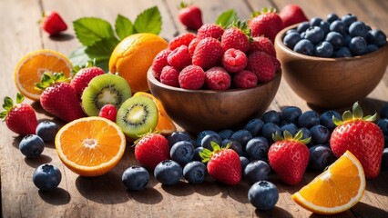 Colorful Fresh Fruits on a Wooden Table, Strawberries, Blueberries, Raspberries, Orange Slices, Soft Sunlight, and Contrasting Shadows
