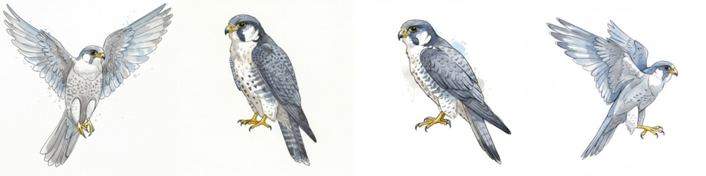 Falcon Bird Line Art Illustrations Set - Elegant line art illustrations of falcons in various poses, symbolizing speed, freedom, power, precision, and grace