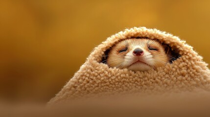Obraz premium A small rodent peeks out of a knitted blanket with its eyes closed and head peeking out