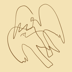 Line art dove birds modern contemporary interior abstraction. Flying pigeon couple logo brush painting drawing. Scandinavian vector illustration. Good for greeting card, romantic letter, banner, flyer