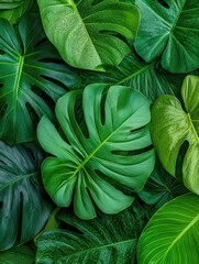 Fototapeta premium Lush Green Swiss Cheese Plant Leaves With Water Droplets
