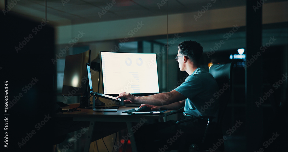 Fototapete Businessman, graphs and and computer screen with laptop at night for trading algorithms and data analysis. Employee, analyst and statistics chart for investment report and financial proposal deadline