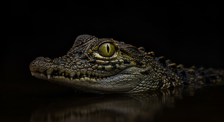Intense gaze of a vigilant caiman peering from the darkness of the water