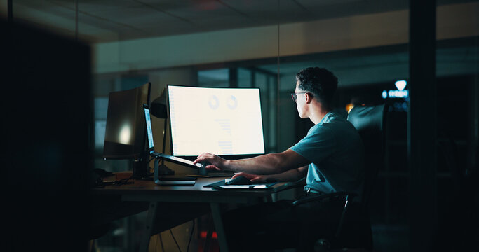 Businessman, graphs and and computer screen with laptop at night for trading algorithms and data analysis. Employee, analyst and statistics chart for investment report and financial proposal deadline - Powered by Adobe