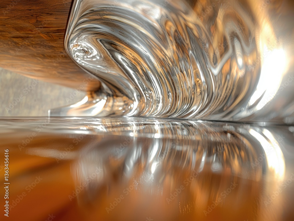 Aufkleber abstract image of a polished metallic wave reflecting on a wooden surface, creating a mesmerizing in