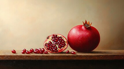   A pomegranate painting on a table with a fruit next to it
