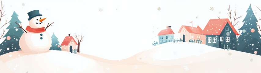 Cheerful snowman in a winter landscape with cozy houses and snowy trees.