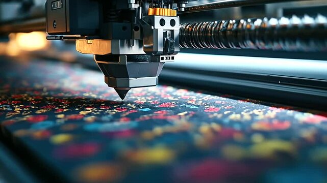 Detailed view of a high-end DTF printer spraying fine ink particles onto fabric, forming a flawless, high-resolution print.