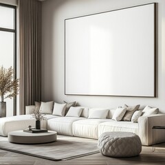 Modern living room with large blank canvas and sectional sofa.