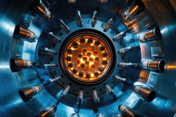 Interior View of a Fusion Reactor with Plasma and Complex Technology