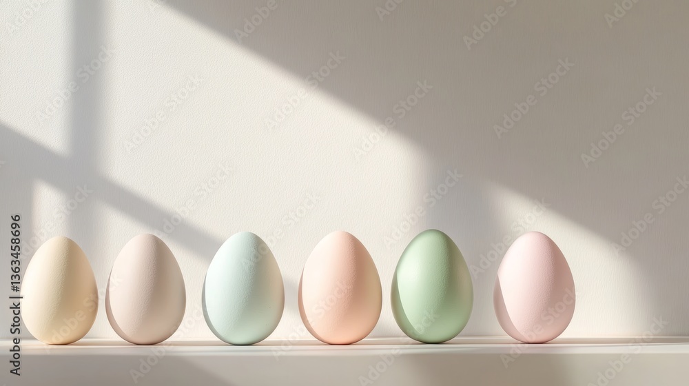 Poster colorful decorative eggs arranged in a line on a white surface with soft shadows from natural light 