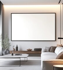 Modern living room with large blank canvas above sofa.