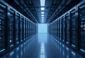 Fototapeta premium Modern server room filled with rows servers, illuminated by bright overhead lights. The sophisticated setup supports advanced AI systems for efficient data management